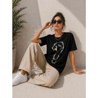 Kuğu Figürlü Soru İşareti Baskılı Tişört Kısa Kol T-Shirt - Siyah