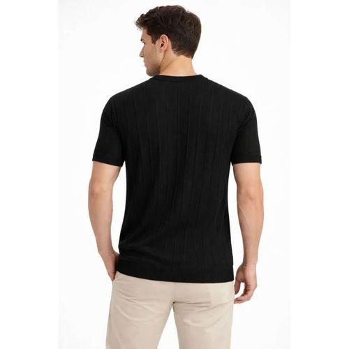 Erkek Yazlık Fitilli Triko Tişört Kısa Kol Bisiklet Yaka T-Shirt - Siyah