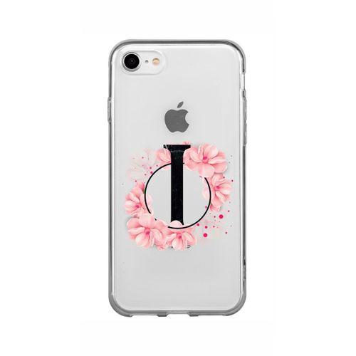 iPhone 8 Pembe Çiçek Desen I Harfli Şeffaf Kılıf