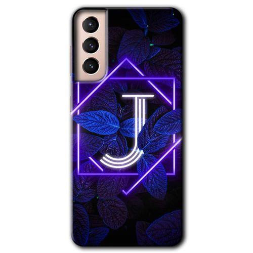 Samsung Galaxy S21 Plus HD Baskılı Kılıf + 9D Tam Ekran Koruyucu - Dark Neon Yaprak J Harfi