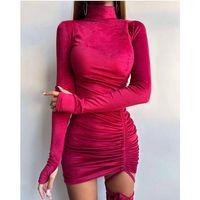 Kadın Uzun Kollu Balıkçı Yaka Büzgü Ve Gül Detay Kadife Kumaş Mini Elbise