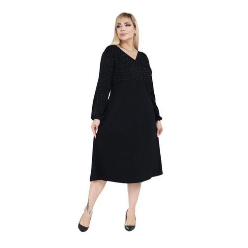 Melsay Butik Siyah Modal Taş Baskılı Kruvaze Yaka Elbise