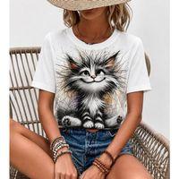 Kadın Kısa Kollu Bisiklet Yaka Kedi Baskılı Süprem Bluz