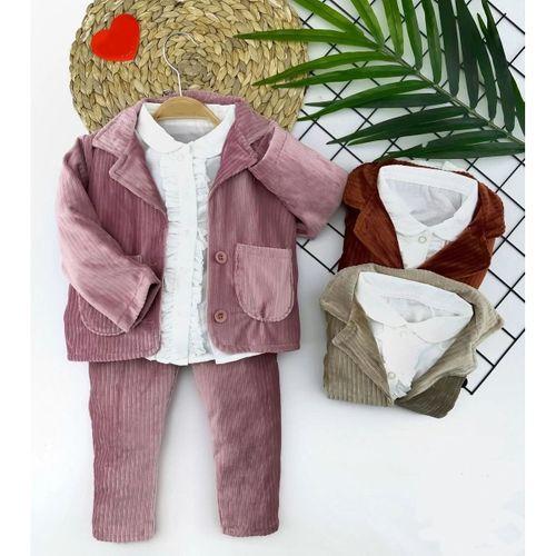 2-3-4-5 Yaş Düğme Kapamalı Fırfır Gömlekli Kadife Ceket Pantolon 3lü Kız Bebek Takımı Kahverengi