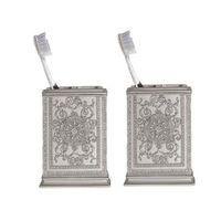 2 Adet Diş Fırçalık Dekoratif İşlemeli Gümüş Poliresin 8X6X11Cm