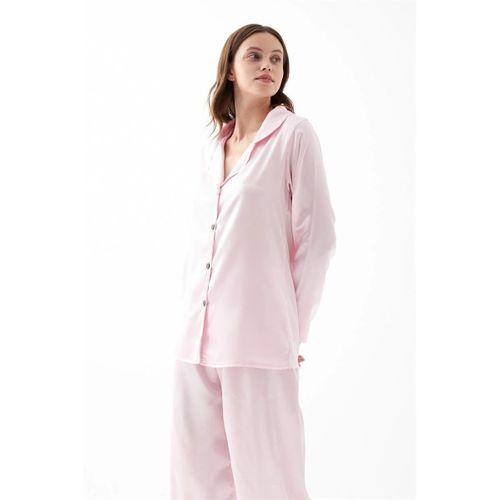 Kadın Pembe Oversize Saten Pijama Takımı – Rahat Kesim Şık Ev Giyim Seti
