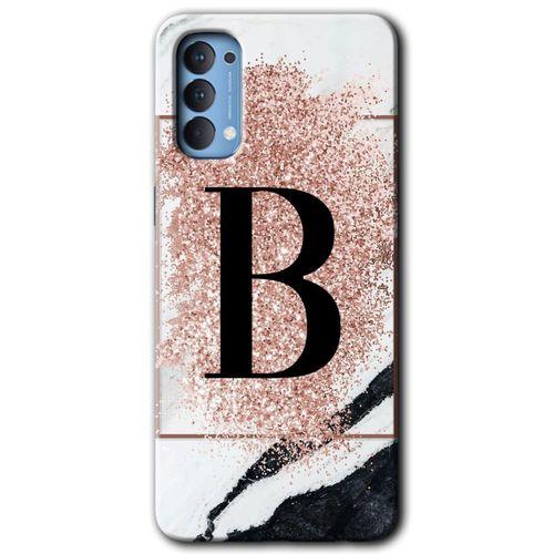 Oppo Reno 4 Kılıf HD Desen Baskılı Arka Kapak + Temperli Cam - Pembe Mermer Desenli B Harfi