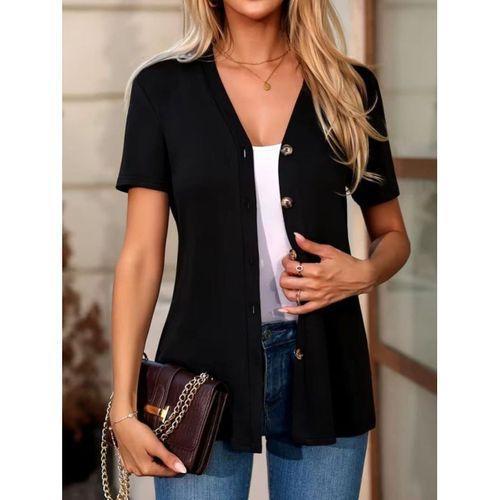 Kadın Kısa Kollu V Yakalı önü Düğmeli Viskon Bluz