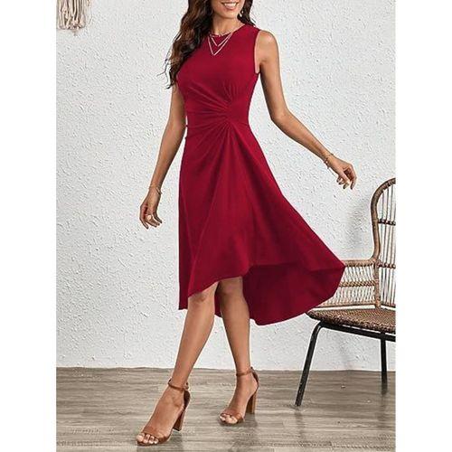 Kadın Sıfır Kollu Bisiklet Yaka Büzgülü Asimetrik Kesim Detaylı Janjan Krep Elbise