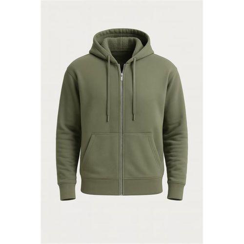 İçi Peluş Üç İplik Kumaş Oversize Fermuarlı Kapüşonlu Sweatshirt- Avcı Yeşili