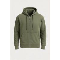 İçi Peluş Üç İplik Kumaş Oversize Fermuarlı Kapüşonlu Sweatshirt- Avcı Yeşili