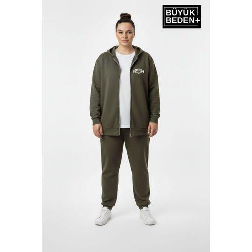 Kadın Büyük Beden Fermuarlı Kapüşonlu New York Baskılı Sweatshirt Hırka SPR26BHR923