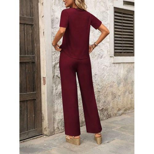Kadın Kısa Kollu Kayık Yaka önü Asimetrik Detaylı Kısa Sandy Bluz Ve Pantolon Ikili Takım