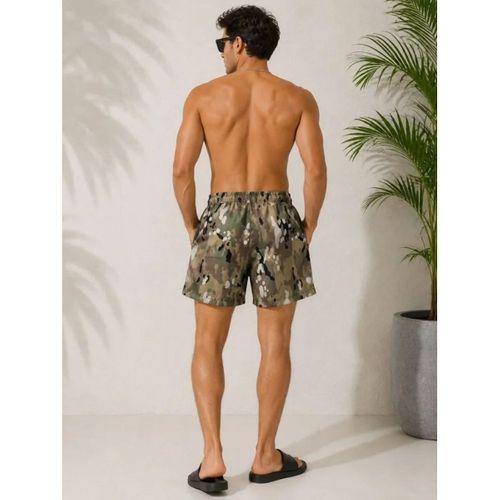 Erkek Kamuflaj Desenli Deniz Şortu Fermuarlı Cepli File Astarlı Hızlı Kuruyan - Haki
