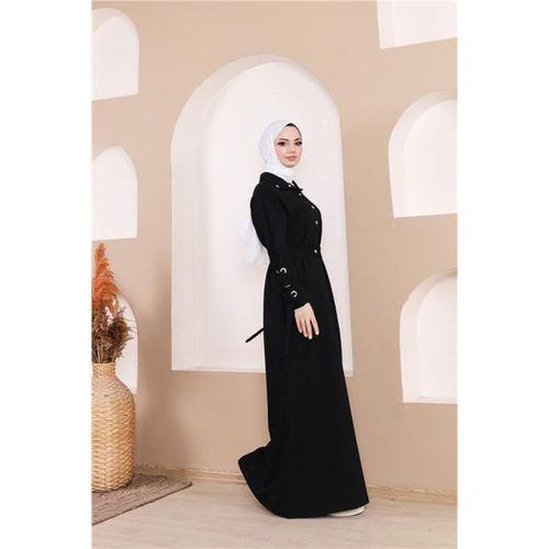 Belden Bağlamalı Çıtçıtlı Kol Şerit Detaylı Uzun Elbise - 71183.003 - Siyah