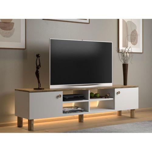 Nora Bohem Ledli Tv Ünitesi 150 Cm 2 Kapaklı 4 Raflı Dolaplı Atlantik Çam / Beyaz