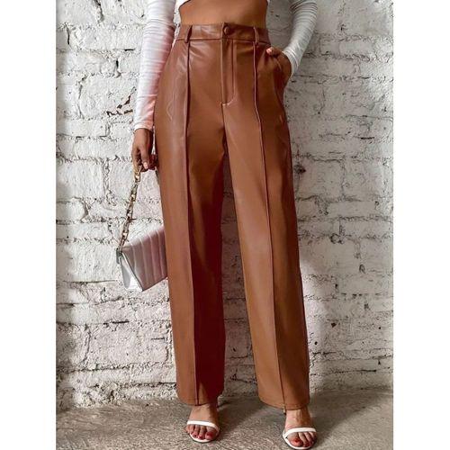 Kadın önden Fermuarlı Cepli Geniş Kesim Lame Deri Pantolon