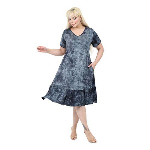 Melsay Butik Göğüsten Robalı V Yaka Kısa Kollu Antrasit Batik Yıkama Cepli Elbise