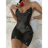 Kadın Siyah Zincir Askılı Parlak Taşlı Gece Elbisesi Sırt Dekolteli Mini Parti Elbisesi Clubwear,parti Club Elbisesi