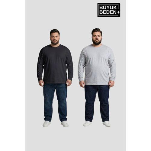 Erkek Büyük Beden 2 li Set Uzun Kollu 2 İplik Bisiklet Yaka Tişört SPR26BEA942+2