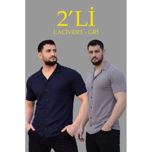 Erkek Waffle Dokuma Açık Yakalı Düğmeli Regular Kalıp 2’li Gömlek Seti - Lacivert - Gri