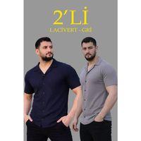 Erkek Waffle Dokuma Açık Yakalı Düğmeli Regular Kalıp 2’li Gömlek Seti - Lacivert - Gri