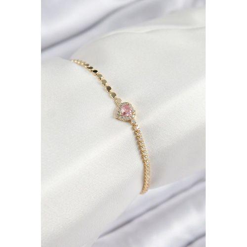 Pirinç Zirkon Taşlı Kalp Model Ezme Zincir Gold Renk Kadın Bileklik