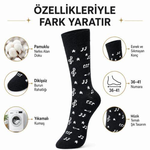 Kadın Müzik Notalı Soket Çorap 36-40 | Pamuklu Dikişsiz Burun Siyah Beyaz Uzun Konç