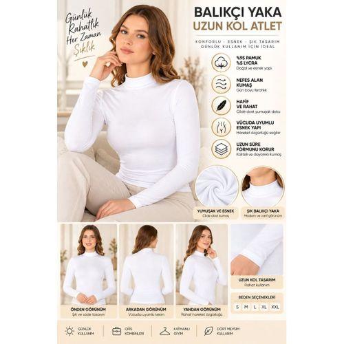 Kadın Balıkçı Yaka Uzun Kol Atlet Beyaz Esnek Kumaş, Vücuda Oturan Basic Body - ryl - 2612