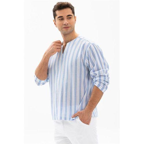 Uzun Kol Şile Bezi Bisiklet Yaka Erkek Yazlık Tshirt Mavi Çizgili 3029