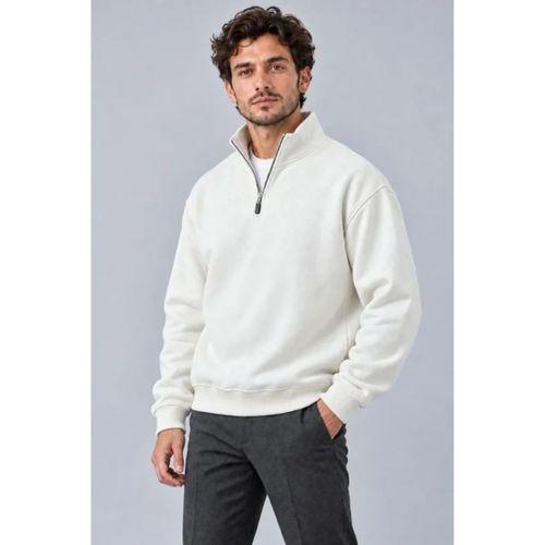 Erkek Üç İplik İçi Şardonlu Dik Yaka Yarım Fermuarlı Kışlık Sweatshirt - Beyaz