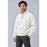 Erkek Üç İplik İçi Şardonlu Dik Yaka Yarım Fermuarlı Kışlık Sweatshirt - Beyaz