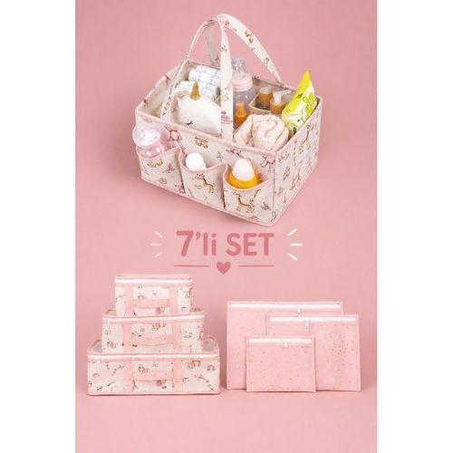 7'li Yenidoğan Hastane Çıkış Organizer Set - Bölmeli Bebek Bakım Çantası - 6 Parça Valiz İçi Düzenleyici (Pembe)