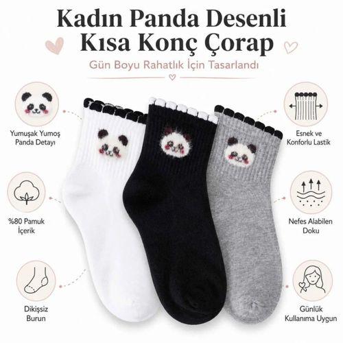 Kadın Panda Desenli Kısa Konç Çorap 12'li | %80 Pamuklu Dikişsiz, Siyah Beyaz Gri