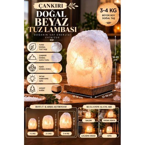 Çankırı 3-4 Kg Beyaz Doğal Kaya Tuzu Lambası Ahşap Kaideli Dekoratif Lamba
