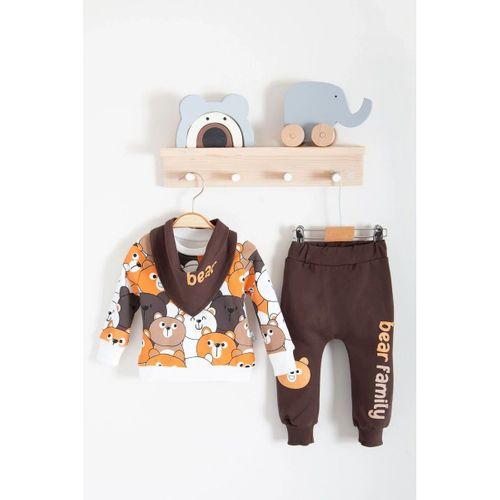 Family Bears Desenli 3'lü Fularlı Erkek Bebek Takımı