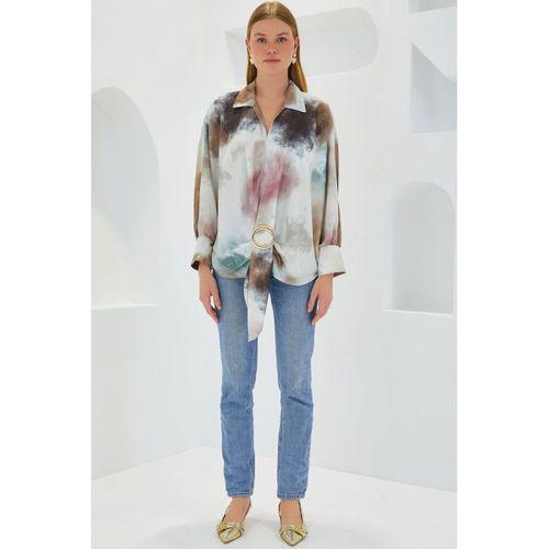 Hardal Ekru Oversize Dökümlü Saten Gömlek 907