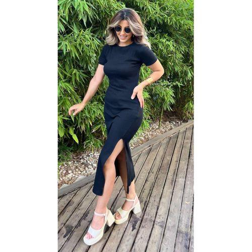 Lucky Life Kadın Kısa Kollu Bisiklet Yaka Yırtmaç Detay Fitilli Kaşkorse Tam Boy Elbise