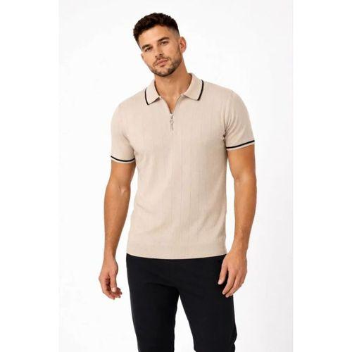 Erkek Fitilli Triko T-shirt Polo Yaka Yarım Fermuarlı Kısa Kollu Tişört - Bej