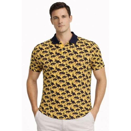 Erkek Pike Kumaş Polo Yaka Palmiye Desenli Tişört Kısa Kol Yazlık T-Shirt - Sarı