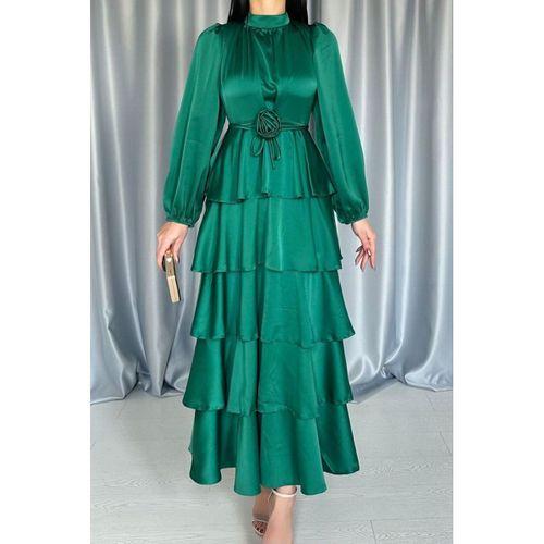Zümrüt Saten Büzgülü Kat Kat Elbise