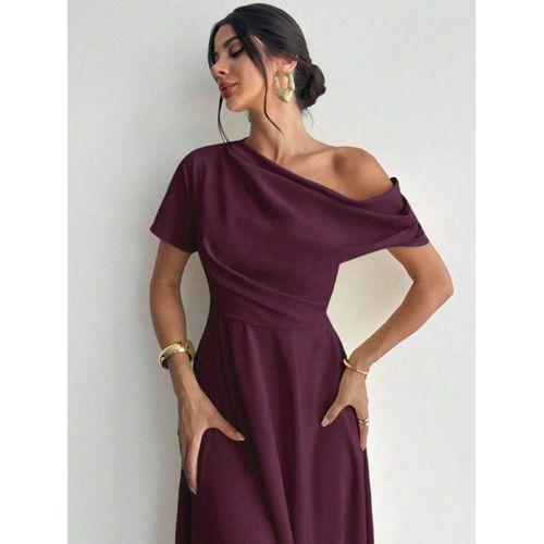 Kadın Omuzdan Açık Kısa Kollu Omuzdan Pileli Uzun Janjan Krep Elbise