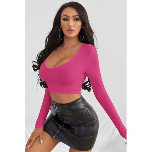 Kadın Fuşya Uzun Kol Kare Yaka Crop Top Bluz