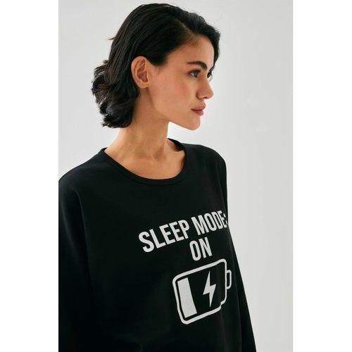 Kadın Siyah Sleep Mode On Oversize 2 İplik Eşofman Ev Giyim Takımı