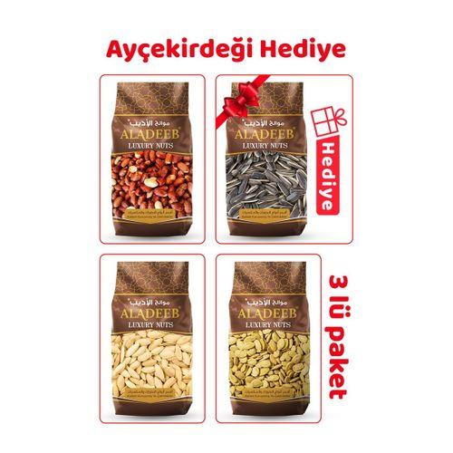 Kabak, Sarı Karpuz Çekirdeği ve Soslu Yer Fıstığı 3’lü Kuruyemiş Set + 500g Ayçekirdeği Hediye