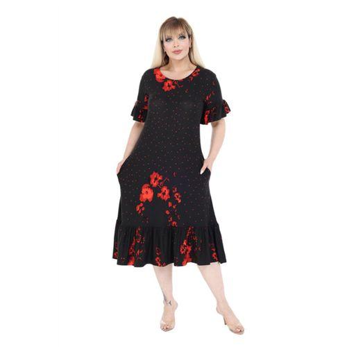 Melsay Butik Kolları ve Eteği Fırfırlı Kırmızı Puanlı Gelincik Desen Cepli Kadın Elbise