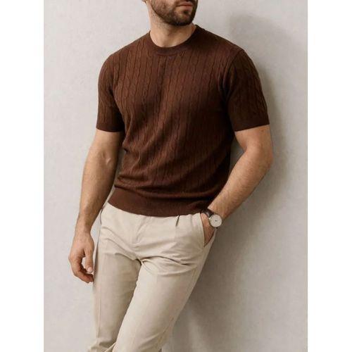 Erkek Yazlık Triko Dokuma Tişört Kısa Kol Bisiklet Yaka Örgü Desenli T-Shirt - Kahverengi