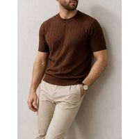 Erkek Yazlık Triko Dokuma Tişört Kısa Kol Bisiklet Yaka Örgü Desenli T-Shirt - Kahverengi