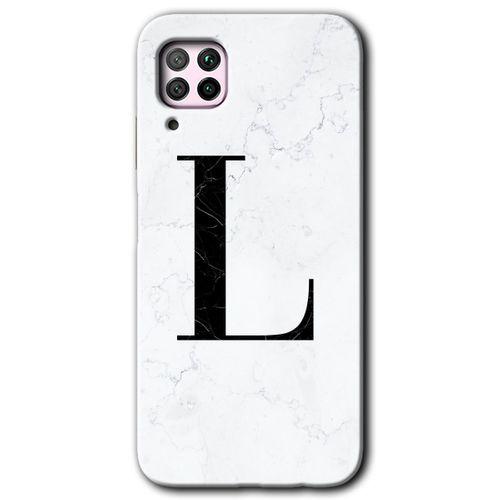Huawei P40 Lite Kılıf Baskılı Kapak - Beyaz Mermer Desenli L Harfi + 5D Tam Kaplayan Cam