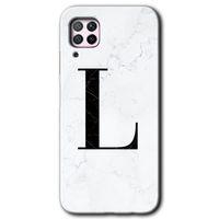Huawei P40 Lite Kılıf Baskılı Kapak - Beyaz Mermer Desenli L Harfi + 5D Tam Kaplayan Cam